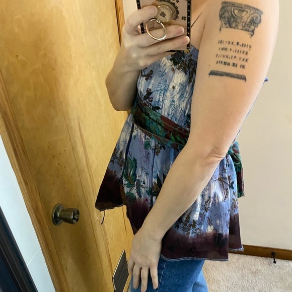 Free People Y2K Silk Smocked Butterfly Handkerchief Hem Tropical Top - Picture 1 of 9